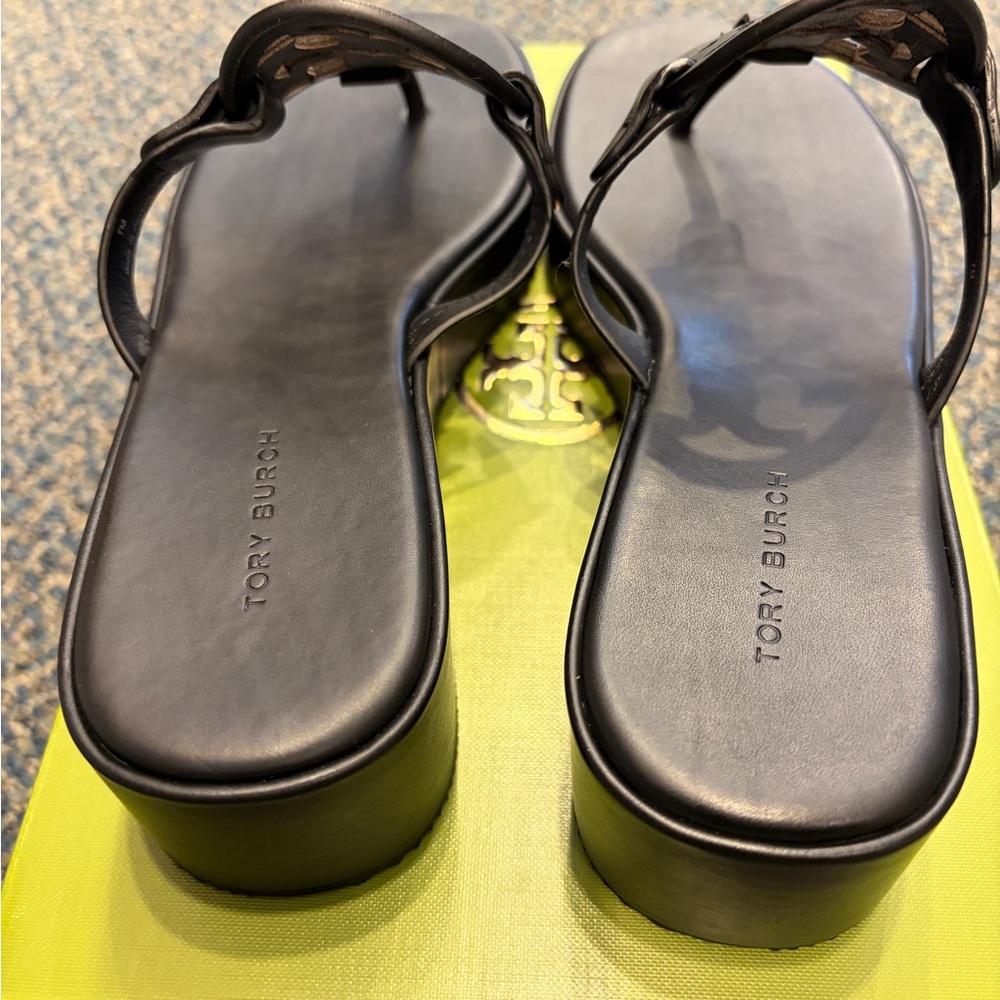 Tory Burch Miller Wedge 25MM Black Leather Sandals - Picture 3 of 9